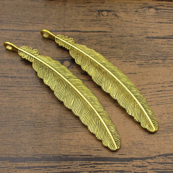 2 Large Feather Charms Antique Gold-RS025