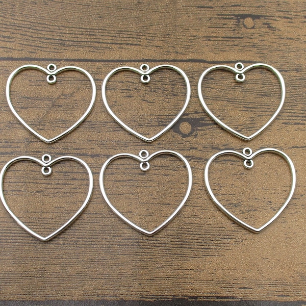 6 Big Heart Connector Charms,Necklace Component Antique Silver Tone-RS1329