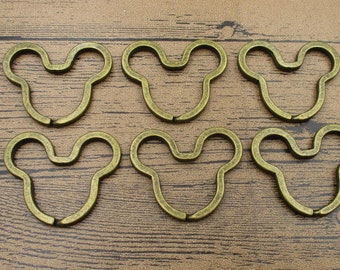 6 Mickey Head Key Rings,Antique Bronze Tone Double Loops-RS1085