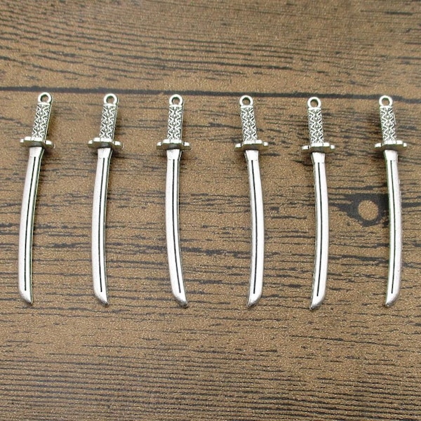 6 Katana Charms,Antique Silver Tone-RS968