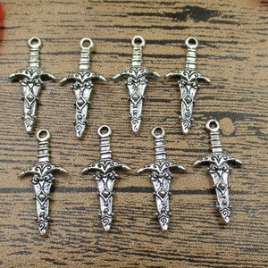 12 Sword Charms,Antique Silver Tone, Double Sided-RS090