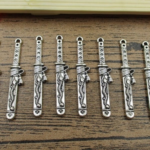 8 Sword Charms, Antique Silver Tone,Double Sided With Dragons-RS093