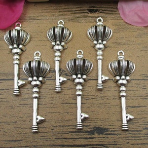 6 Crown Key Charms, Antique Silver Tone-RS483