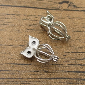 2 Owl Cage Pendants,Hollow Filigree Lockets,Antique Silver Tone Fitting 8mm Beads-TS283