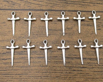50 Little Sword Charms,Antique Silver Tone-RS684