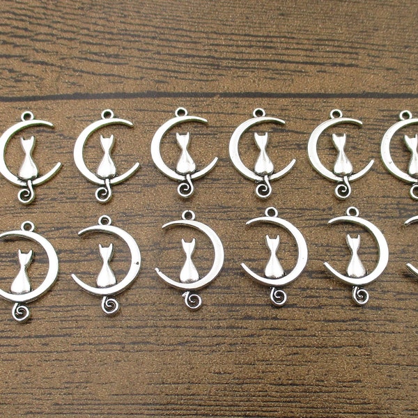 20 Cat And Moon Charms,Antique Silver Tone -RS1303