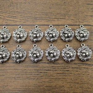 12 Bird Nest Charms,Antique Silver Tone with 3 Eggs -RS1176