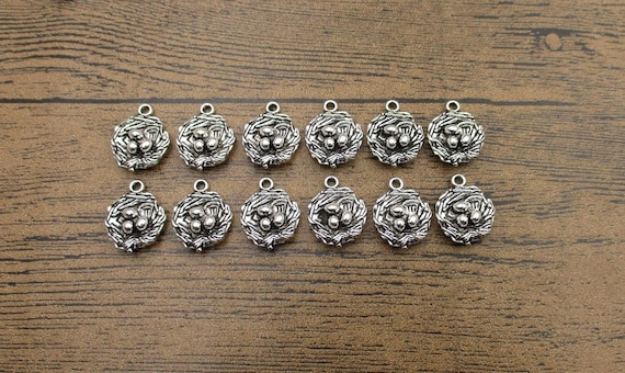 12 Bird Nest Charms,Antique Silver Tone with 3 Eggs -RS1176