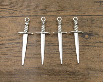 4 Skull Sword Charms, Antique Silver Tone-RS1349