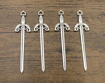 4 Sword Charms,Antique Silver Tone,Double Sided-RS9092