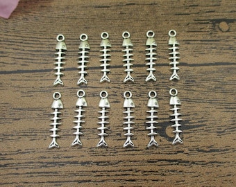 30 Fish Bone Charms,Antique Silver Tone Double Sided-RS660