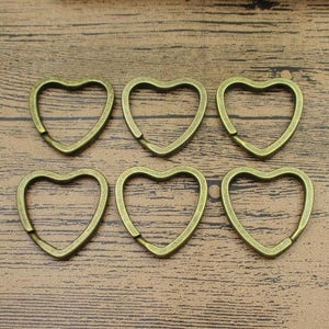 6 Heart Charm Key Rings,Antique Bronze Tone Double Loops-RS655