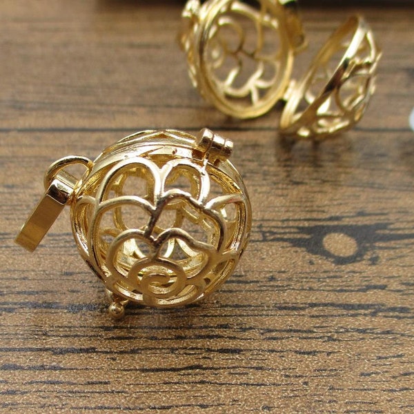 1 Hollow Filigree Cage Charm Gold Color Fitting 16mm Round Beads-TS058