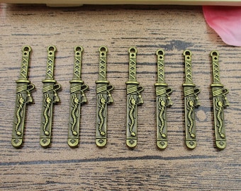 8 Sword Charms,Antique Bronze Tone, Double Sided With Dragons-RS093