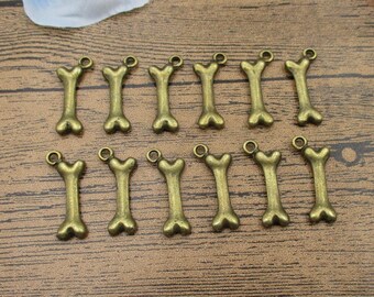 12 Dog Bone Charms Antique Bronze Tone-RS890