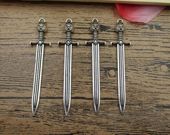 4 Sword Charms, Antique Silver Tone,Cat Head-RS089