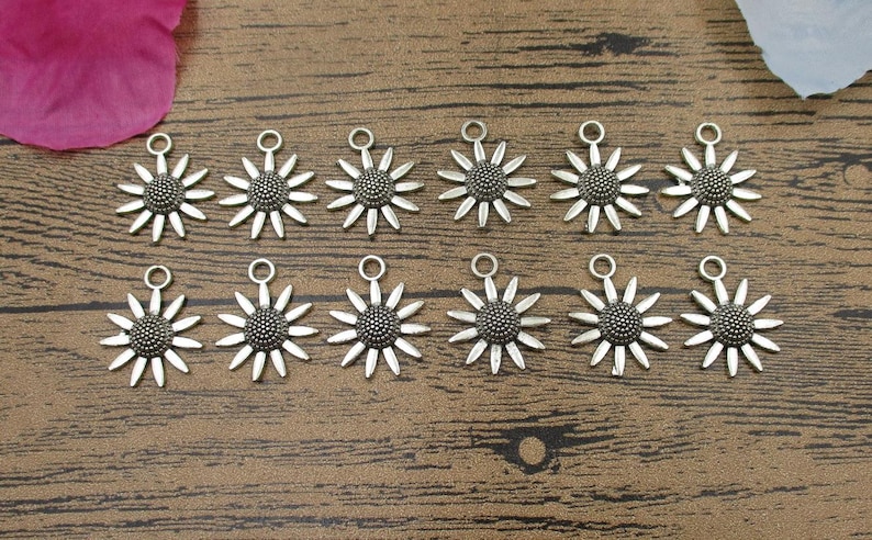 BULK SALE 100 Sunflower Charms,Antique Silver Tone-RS796