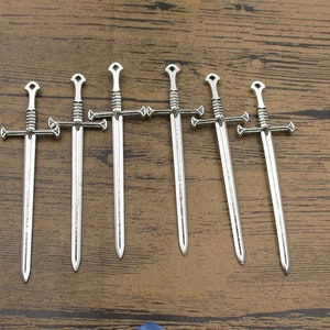 6 Sword Charms, Antique Silver Tone,Double Sided-RS9083