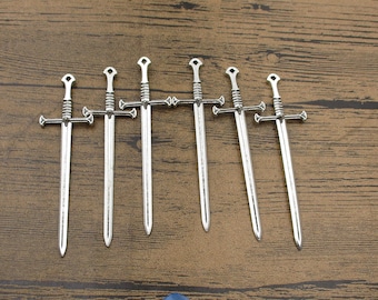 6 Sword Charms, Antique Silver Tone,Double Sided-RS9083