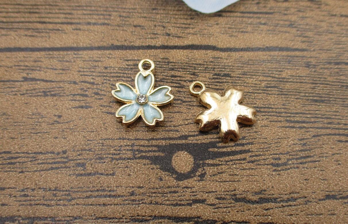 8 Sakura Charms,blue Plated Enamel With a Diamond-rs965 - Etsy