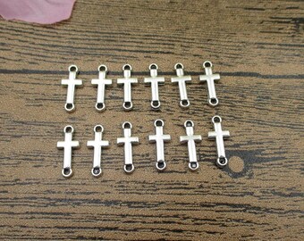200 Antique Silver Cross Charms: Connector Pendants (15mm x 6mm)