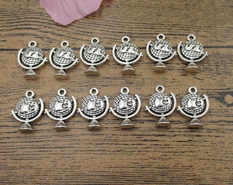 12 Globe Charms,Antique Silver Tone Double Sided-RS754