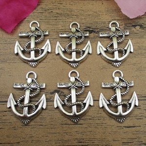 6 Big Anchor Charms,Antique Silver Tone-RS526