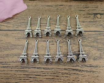 100 Antique Silver Eiffel Tower Charms: 3D Metal Alloy Pendants