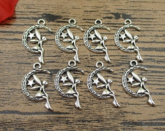 30 Angel charms,angel pendant, angel on the moon,antique silver tone-RS005