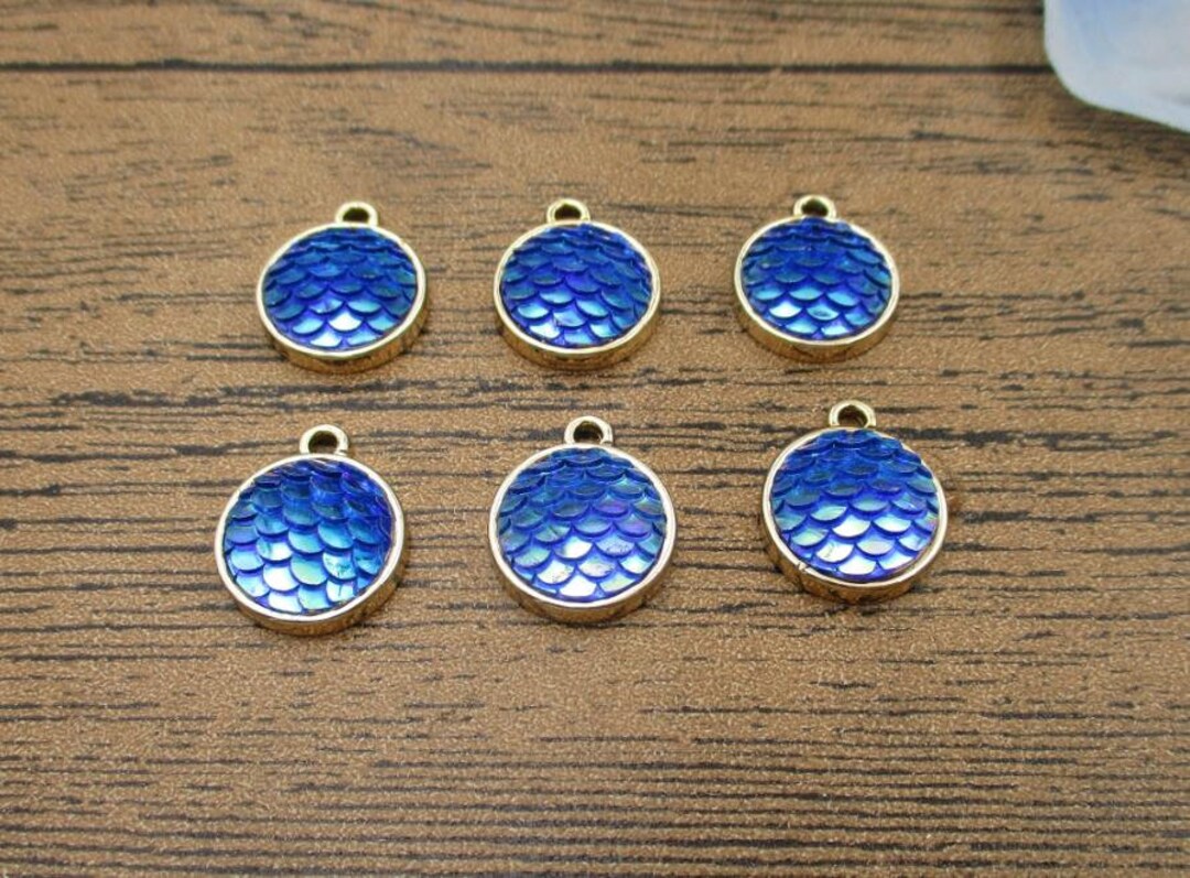 6 Mermaid Scale Charms,blue Scales With Gold Settings-rs907 - Etsy