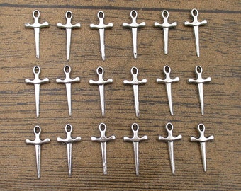 200 Antique Silver Tone Sword Charms: 20mm x 10mm
