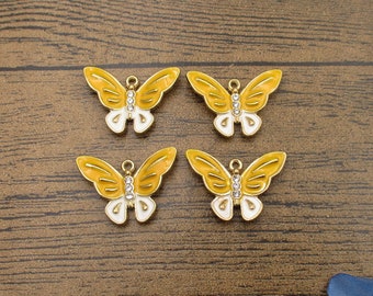 4 Butterfly Charms,Diamond-inlaid,Orange Enamel-RS1065