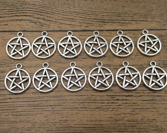 20 amuletos de pentagrama en tono plateado antiguo, doble cara-RS936