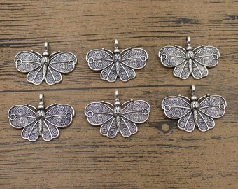 6 Big Butterfly Charms ,Antique Silver Tone-RS1070