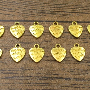 50 Heart Charms,Love Pendant,Made With Love,Gold Color,Double Sided-RS015