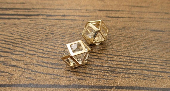 2 Polyhedra Cage Pendants with Glass Diamond,KC Gold-TS274