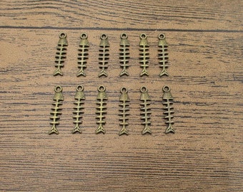30 Fish Bone Charms,Antique BronzeTone Double Sided-RS660