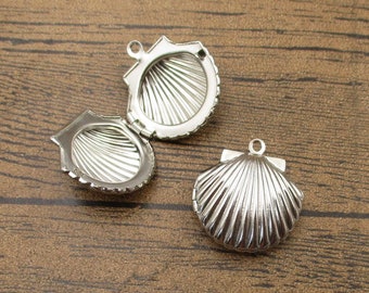 2 Openable Shell Locket Pendants,Silver Tone-TS266