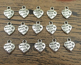 50 Heart charms,love pendant,made with love, antique silver tone,double sided-RS015