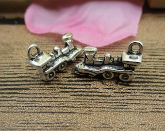 80 Antique Silver Train Charms: 3D Metal Alloy Pendants