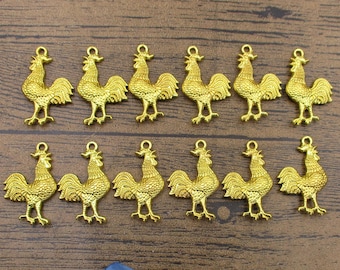 12 Detailed Rooster Charms,Gold Tone,Double Sided-RS653