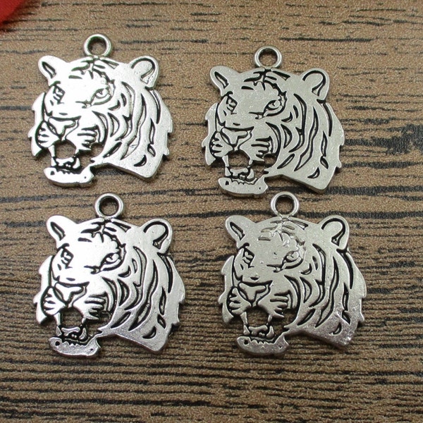 BULK SALE! 40 Tiger Head Charms,Antique Silver Tone,Double Sided-RS116
