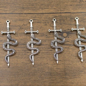 4 Sword And Snake Charms,Antique Silver Tone-RS1381