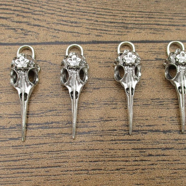 4 Bird Skull Charms,Antique Silver Tone-RS1121