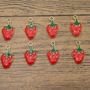 8 Enamel Strawberry Charms, Fruit Charms-RS945