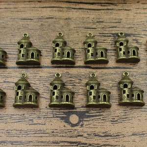 12 Double Castle Charms, Antique Bronze Tone-RS663