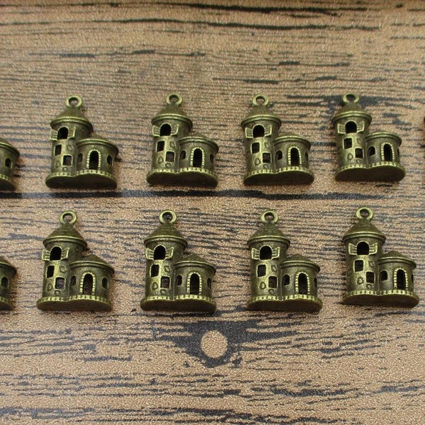12 Double Castle Charms, Antique Bronze Tone-RS663