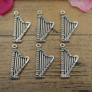 6 Big Harp Charms,Antique Silver Tone Double Sided-RS506