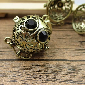 1 Owl Cage Charm Hollow Filigree Locket,Antique Bronze Tone Fitting 18mm Round Beads-TS074