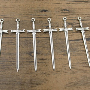 6 Sword Charms, Antique Silver Tone,Double Sided-RS9321